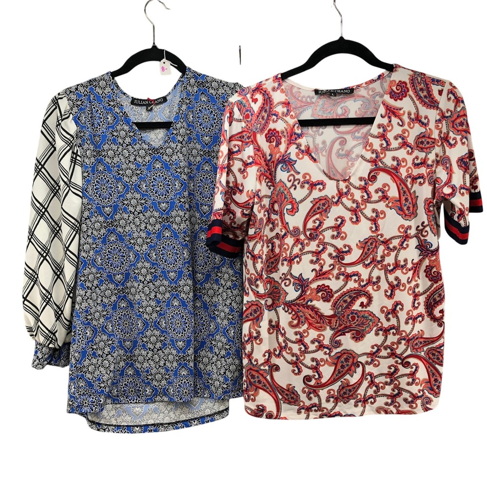 Julian Chang V Neck Top Bundle Womens L Blue White Paisley Mixed Print NWT